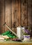 Gardening tools on vintage wood background - spring