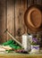 Gardening tools on vintage wood background - spring