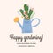 Gardening typography card with illustration of watering can with spring flower bouquet Gardening placard template with