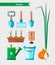 Gardening work tools set. Equipment for working in garden