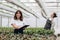 Gardening. Young smiling people florists working in the greenhouse