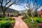 Gardens along a walkway and buildings in Lewes, Delaware.