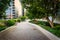 Gardens and modern buildings along a path at Freedom Park, in Rosslyn, Virginia.