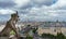Gargoyle overlooking blurred Paris on Notre Dame