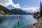 Garibaldi Provincial Park, CANADA - JUNE 16, 2019: view at the lake beautiful sunny morning with clouds on bluew sky