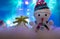 Garland Close-up with Luminous Pink, Yellow, Orange Lanterns on the Background of a Snowman. Colorful Christmas Lights on a Blue