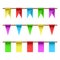 Garlands set of multi-colored flags on a straight rope, triangular and rectangular shape decor for a children is holiday realistic
