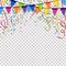 garlands, streamers and confetti background with vector transparency