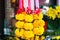 Garlands of yellow flowers marigolds hanging