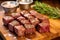 garlic bbq steak tips on a butchers block