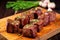 garlic bbq steak tips on a butchers block