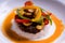 Garlic bell pepper with rib eye steak on hot cheese mayo sauce