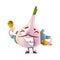 Garlic character in torero clothes smiling wildly and playing maracas