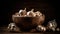 Garlic Cloves and Bulb in vintage wooden bowl, black baground, generative ai