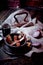 Garlic croutons in the dark interior of the pub. Hearty, quick lunch.Atmospheric photo. Dark beer.