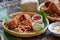 Garlic fried chicken over a wooden table