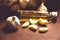 Garlic and garlic oil on wood table, alternative medicine