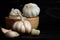 Garlic ingredient herb on wood front view dark background