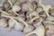 Garlic pile close up image. Bulbs of vegetables are on white textured fabric as background. Seasoned summer or autumn harvest of