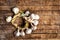 Garlic on a rustic wooden table top view