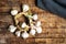 Garlic on a rustic wooden table top view