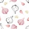 Garlic seamless pattern. Vector color illustration of garlic bulb and cloves on a white background.