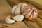 Garlic on the wooden background, Close up garlic on wooden table, Raw garlic in kitchen rooms