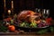 Garnished roasted turkey for Christmas and New Year dinner on rustic wooden background, AI Generated