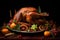 Garnished roasted turkey on a festive table with fruits and wine, AI Generated