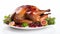 Garnished traditional roasted turkey with fresh figs, pomegranate, and herbs. White background