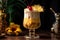 garnishing pina colada with pineapple wedge and cherry