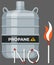 Gas cylinder, canister with fuel storage. Balloon with flammable substance near fire warning