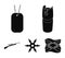 A gas cylinder, a soldier`s token, a sniper rifle, a shuriken. Weapons set collection icons in black style vector symbol