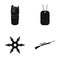 A gas cylinder, a soldier`s token, a sniper rifle, a shuriken. Weapons set collection icons in black style vector symbol