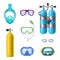 Gas cylinder. Swimming tools for diving scuba mask and oxygen air compressed tanks decent vector realistic templates