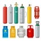 Gas cylinders icons. Petroleum safety fuel metal tank of helium butane acetylene vector cartoon objects isolated