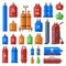 Gas cylinders. Propane, oxygen and butane metal containers, cylindrical helium tank, fuel storage gas bottle vector