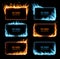 Gas and fire flames, burning frames vector borders
