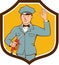 Gas Jockey Attendant Waving Shield Cartoon