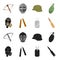 Gas mask, nunchak, ammunition, soldier token. Weapons set collection icons in black,cartoon style vector symbol stock