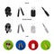 Gas mask, nunchak, ammunition, soldier token. Weapons set collection icons in black, flat, monochrome style vector