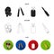 Gas mask, nunchak, ammunition, soldier token. Weapons set collection icons in black,flat,outline style vector symbol