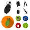 Gas mask, nunchak, ammunition, soldier token. Weapons set collection icons in black, flat style vector symbol stock