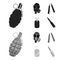 Gas mask, nunchak, ammunition, soldier token. Weapons set collection icons in black,monochrom style vector symbol stock