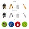 Gas mask, nunchak, ammunition, soldier token. Weapons set collection icons in cartoon,flat,monochrome style vector