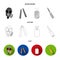 Gas mask, nunchak, ammunition, soldier token. Weapons set collection icons in flat,outline,monochrome style vector