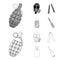 Gas mask, nunchak, ammunition, soldier token. Weapons set collection icons in outline,monochrome style vector symbol