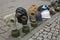 Gas masks of second world war displayed on street for tourists as souvenir