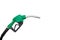 Gas nozzle with one last drop. Green gasoline nozzle on a white background. Refill and filling Oil Gas Fuel on white background. G