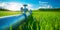 gas or oil transportation pipeline in the field with green grass. banner with copy space